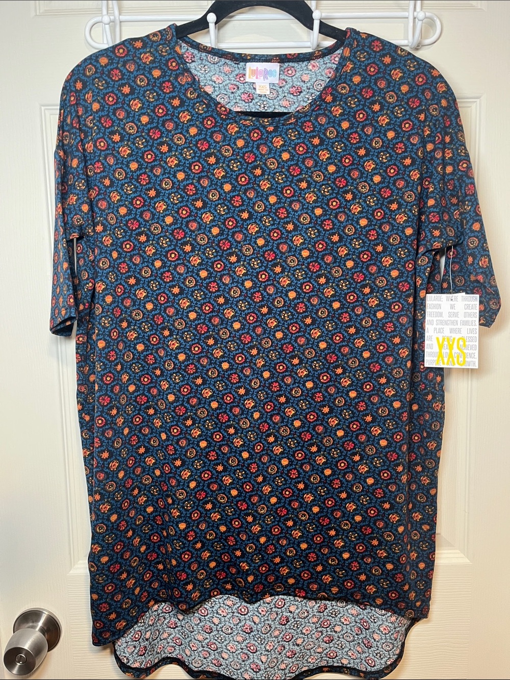 LuLaRoe Navy Blue Irma Tunic with Red & Gold Medallion Print